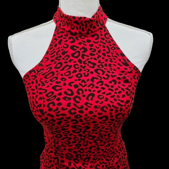 Bebe Red Leopard Halter Top S – Tie-Back Stretchy Sleeveless Y2K Glam Vintage - Picture 2 of 8